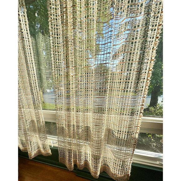 Vintage 70s curtain, long cream & tan, open weave mesh, boho single panel - Picture 3 of 7